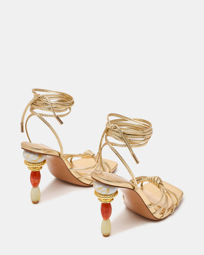 Steve Madden SOLENA Gold Strappy Leg-Tie Square-Toe Women's Sculptured Heel