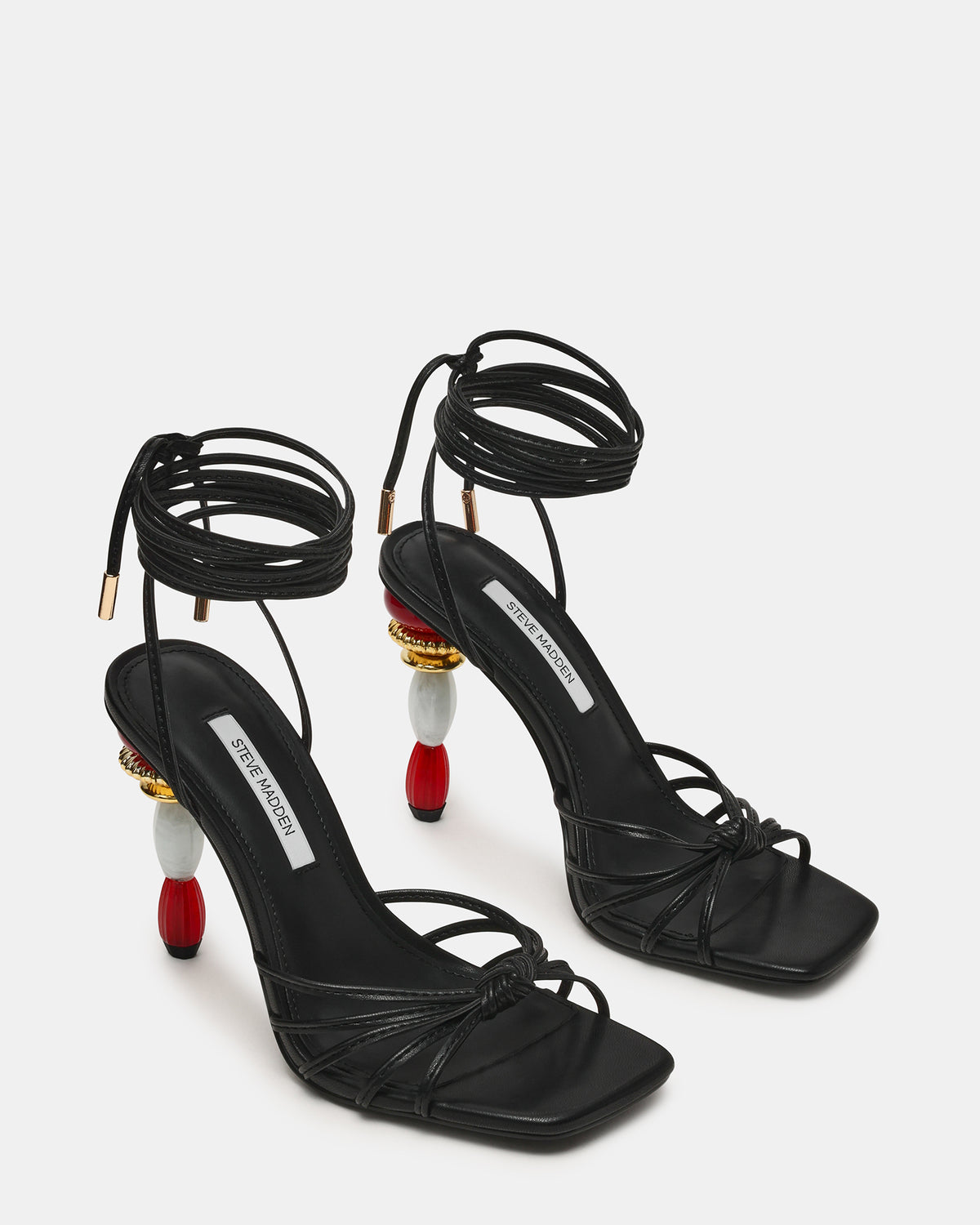 Steve Madden SOLENA Black Strappy Leg-Tie Square-Toe Women's Sculptured Heel