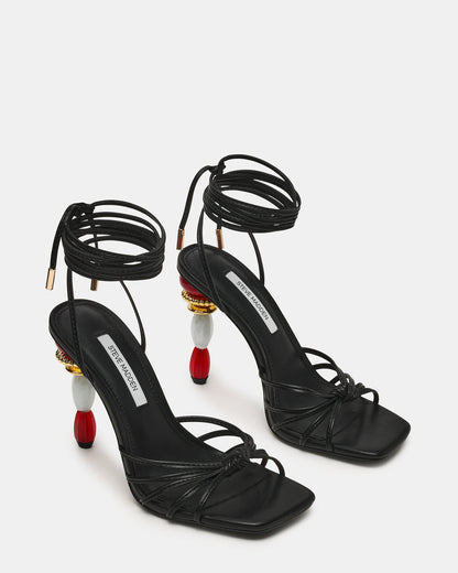 Steve Madden SOLENA Black Strappy Leg-Tie Square-Toe Women's Sculptured Heel