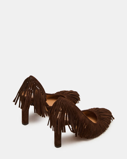 Steve Madden GREER Brown Suede Fringe Slingback Round-Toe Women's Heel