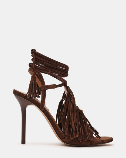 Steve Madden TALIA Brown Suede Fringe Beaded Stiletto Strappy Leg-Ties Women's Heel