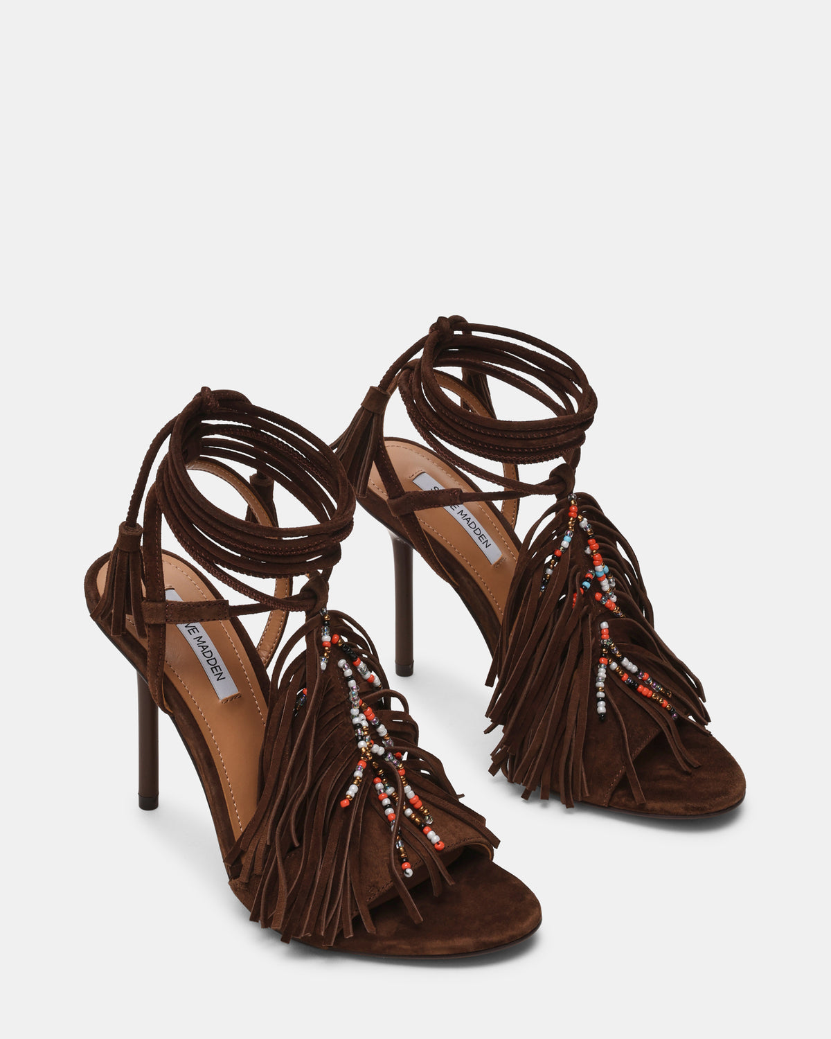 Steve Madden TALIA Brown Suede Fringe Beaded Stiletto Strappy Leg-Ties Women's Heel
