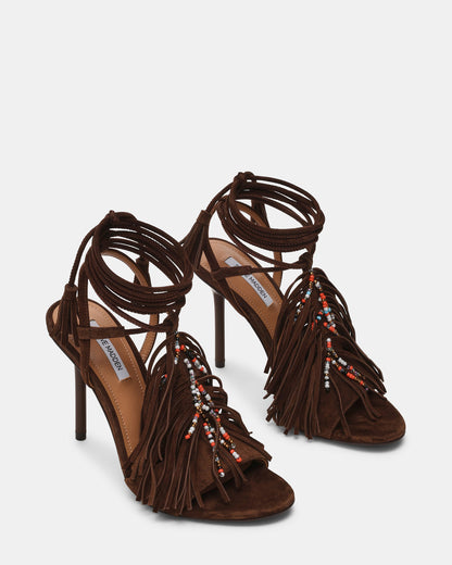 Steve Madden TALIA Brown Suede Fringe Beaded Stiletto Strappy Leg-Ties Women's Heel