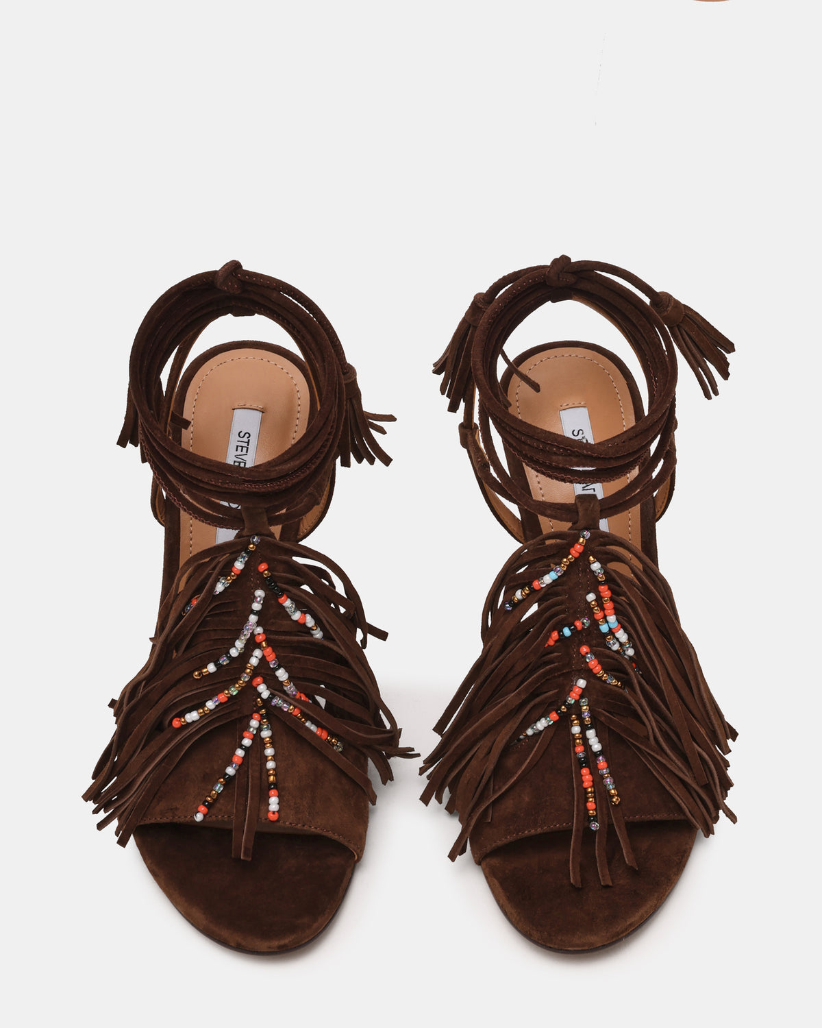 Steve Madden TALIA Brown Suede Fringe Beaded Stiletto Strappy Leg-Ties Women's Heel