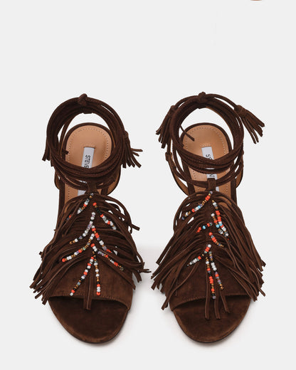 Steve Madden TALIA Brown Suede Fringe Beaded Stiletto Strappy Leg-Ties Women's Heel