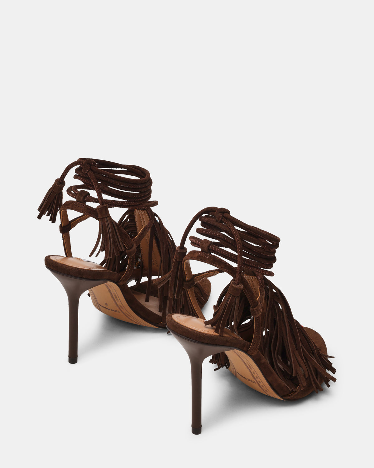 Steve Madden TALIA Brown Suede Fringe Beaded Stiletto Strappy Leg-Ties Women's Heel