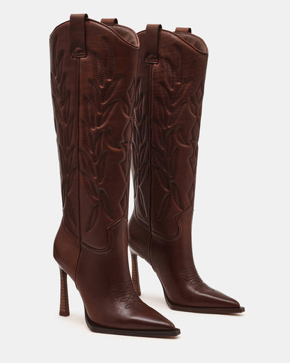 Steve Madden KINZEE Brown Leather Pointed-Toe Knee-High Western Stiletto Women's Boot