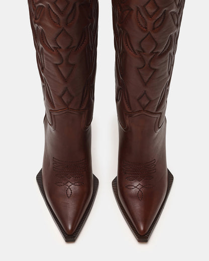 Steve Madden KINZEE Brown Leather Pointed-Toe Knee-High Western Stiletto Women's Boot