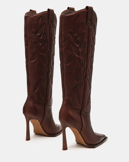 Steve Madden KINZEE Brown Leather Pointed-Toe Knee-High Western Stiletto Women's Boot