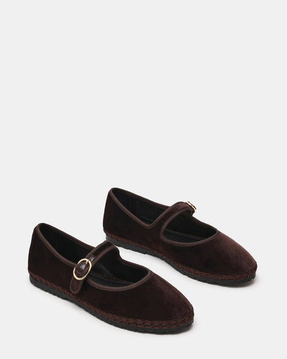 Steve Madden VELMA Brown Velvet Mary Jane Gold-Detail Buckle Women's Flat