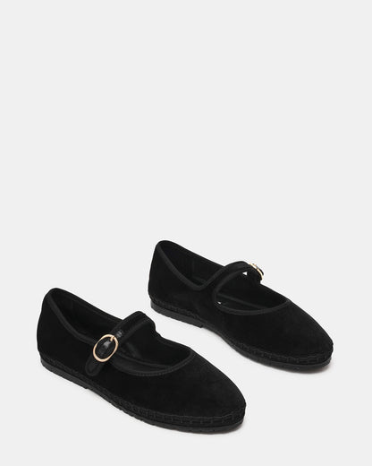 Steve Madden VELMA Black Velvet Mary Jane Gold-Detail Buckle Women's Flat