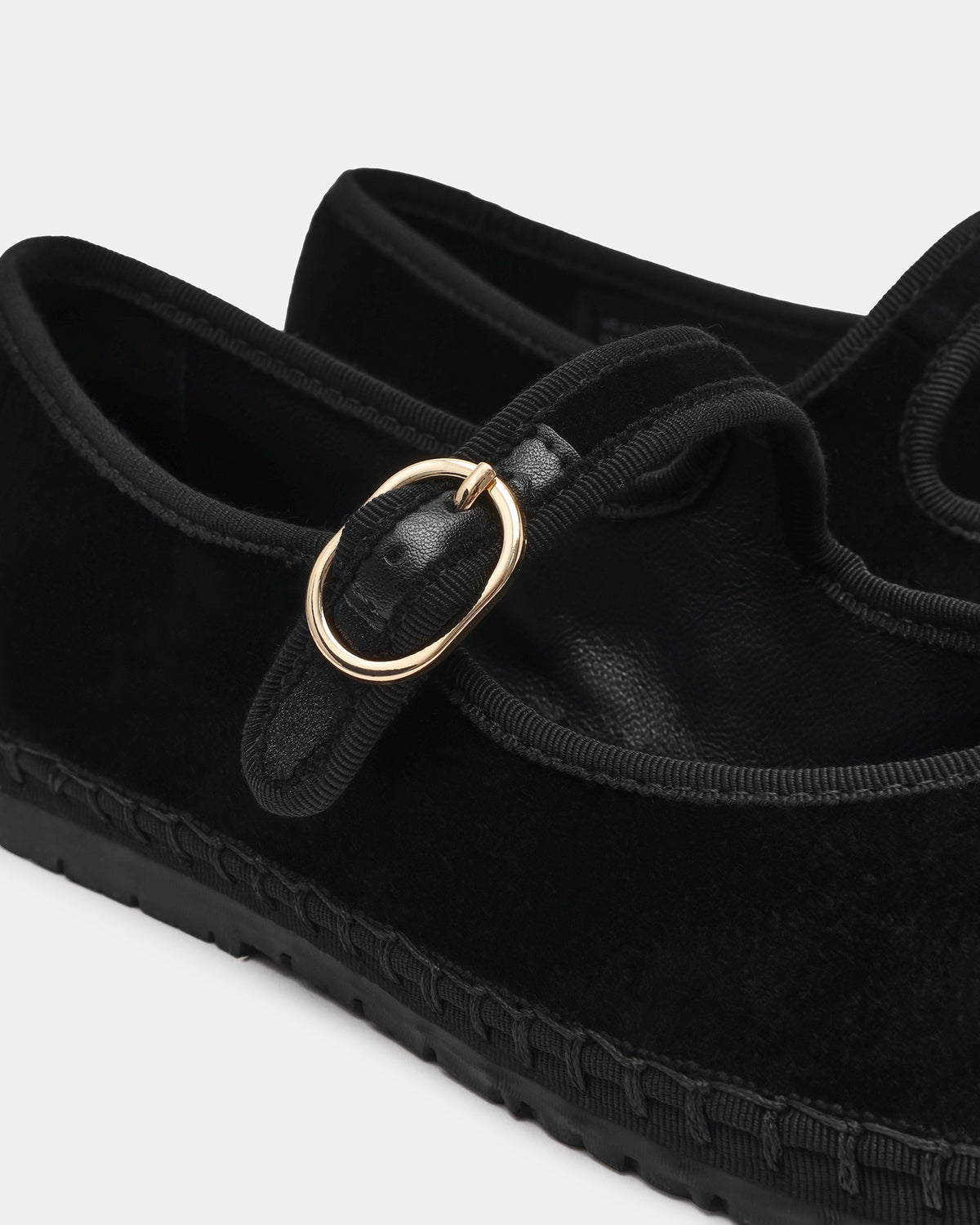 Steve Madden VELMA Black Velvet Mary Jane Gold-Detail Buckle Women's Flat