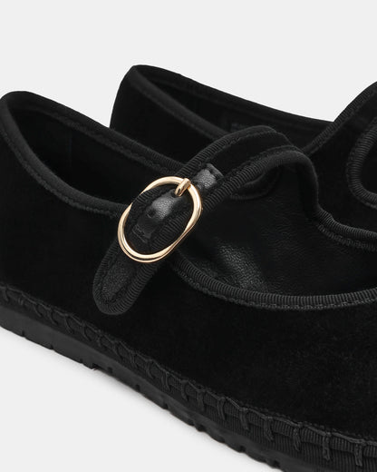 Steve Madden VELMA Black Velvet Mary Jane Gold-Detail Buckle Women's Flat