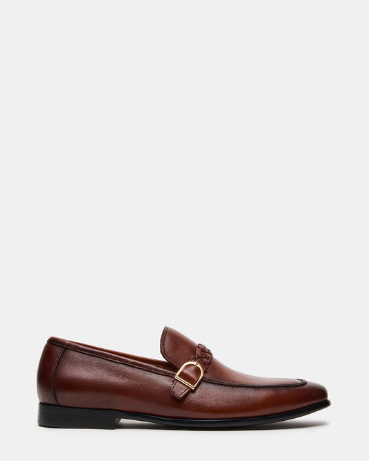 Steve Madden CHAPLIN Tan Leather Woven-Strap Buckle Slip-On Men's Loafer