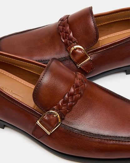 Steve Madden CHAPLIN Tan Leather Woven-Strap Buckle Slip-On Men's Loafer