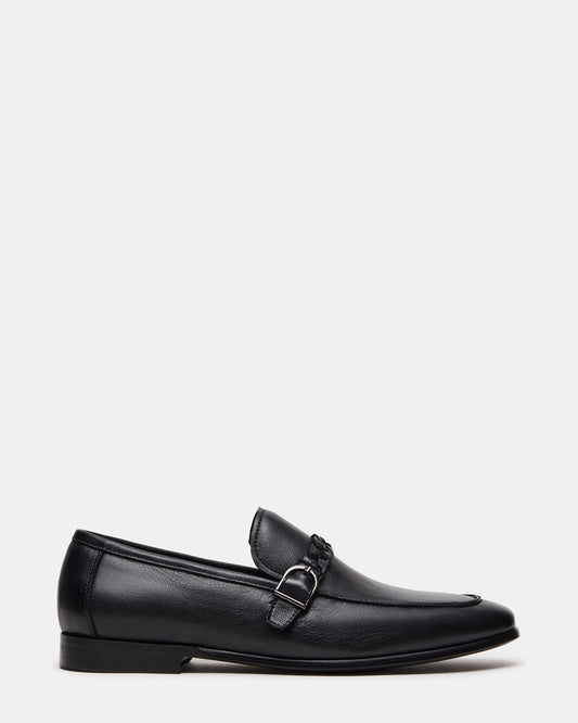 Steve Madden CHAPLIN Black Leather Woven-Strap Buckle Slip-On Men's Loafer