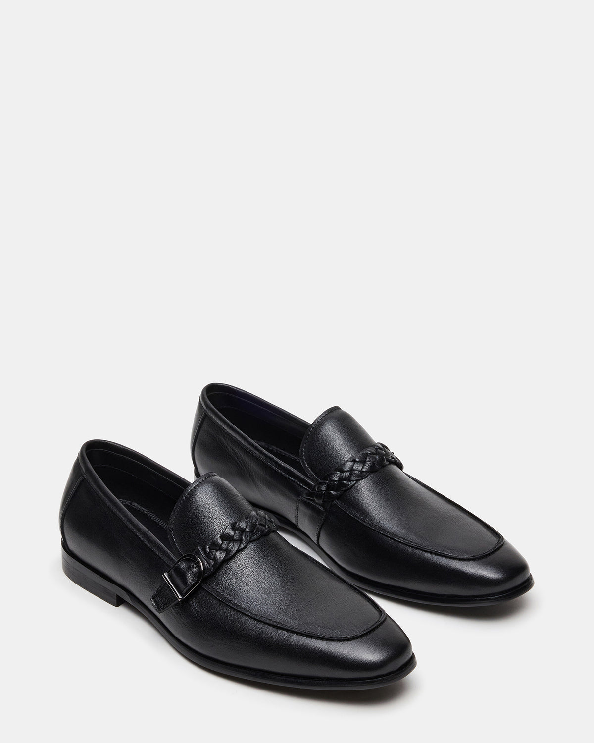 Steve Madden CHAPLIN Black Leather Woven-Strap Buckle Slip-On Men's Loafer