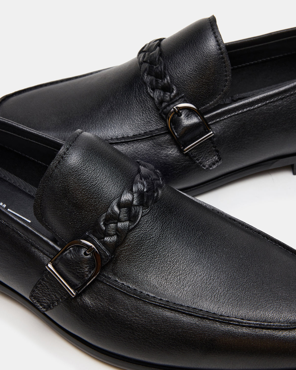 Steve Madden CHAPLIN Black Leather Woven-Strap Buckle Slip-On Men's Loafer