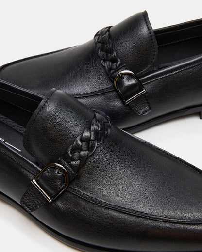 Steve Madden CHAPLIN Black Leather Woven-Strap Buckle Slip-On Men's Loafer