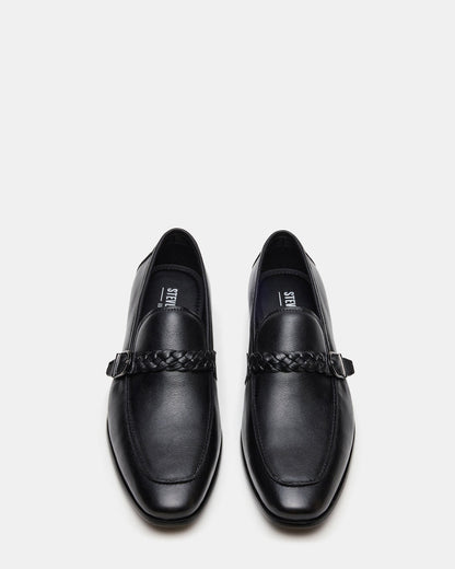 Steve Madden CHAPLIN Black Leather Woven-Strap Buckle Slip-On Men's Loafer