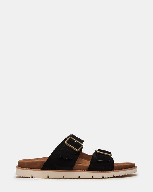 Steve Madden CORBAN Black Suede Men's Double Buckle Closure Footbed Sandal