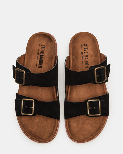 Steve Madden CORBAN Black Suede Men's Double Buckle Closure Footbed Sandal