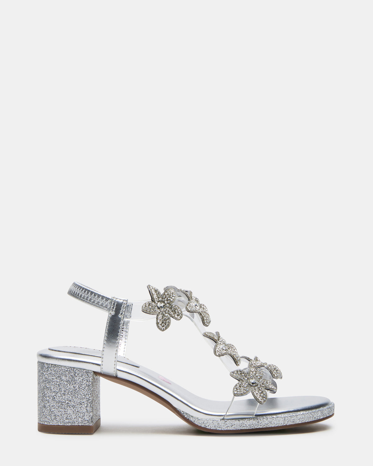 Steve Madden Kids' SAVVY Silver Girls' Strappy Rhinestone Block Heel