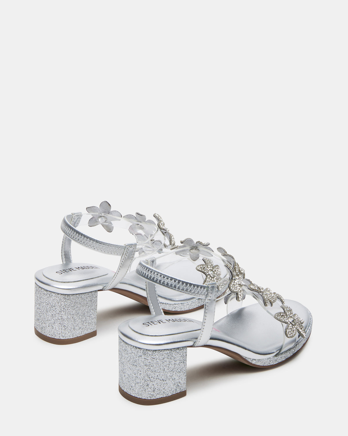 Steve Madden Kids' SAVVY Silver Girls' Strappy Rhinestone Block Heel