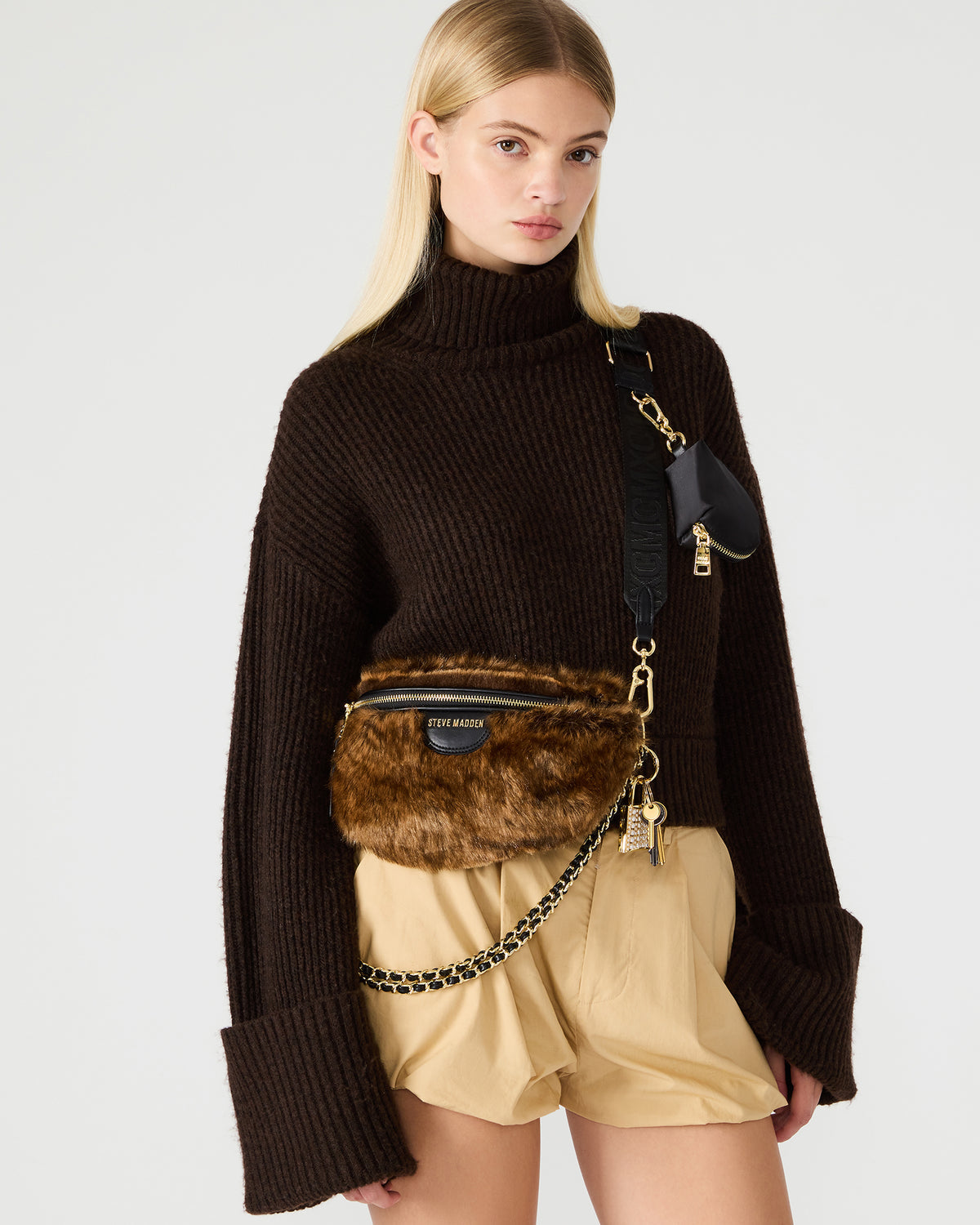 Steve Madden WYLDER Bag Brown Faux Fur Crossbody Women's Belt Handbag
