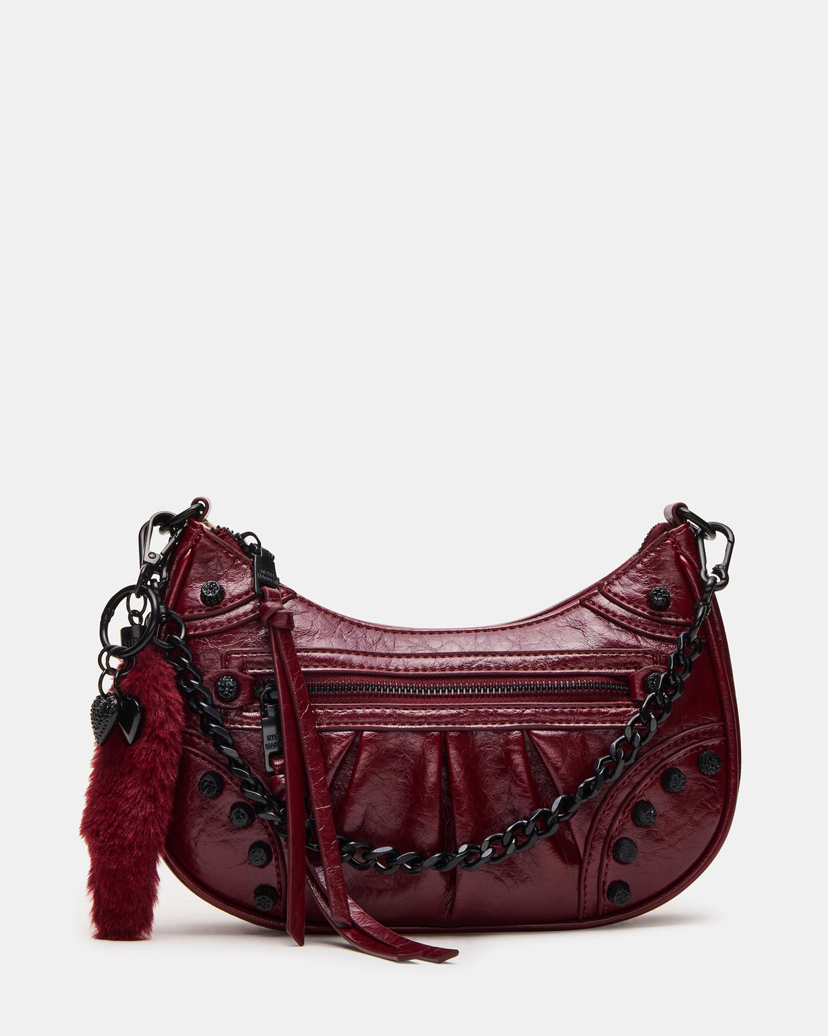 Steve Madden ERIKA Bag Wine Rhinestone Embellished Studded Crinkle Moto Crossbody Handbag