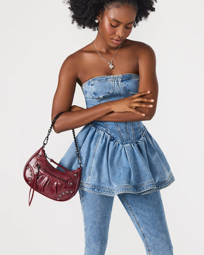 Steve Madden ERIKA Bag Wine Rhinestone Embellished Studded Crinkle Moto Crossbody Handbag