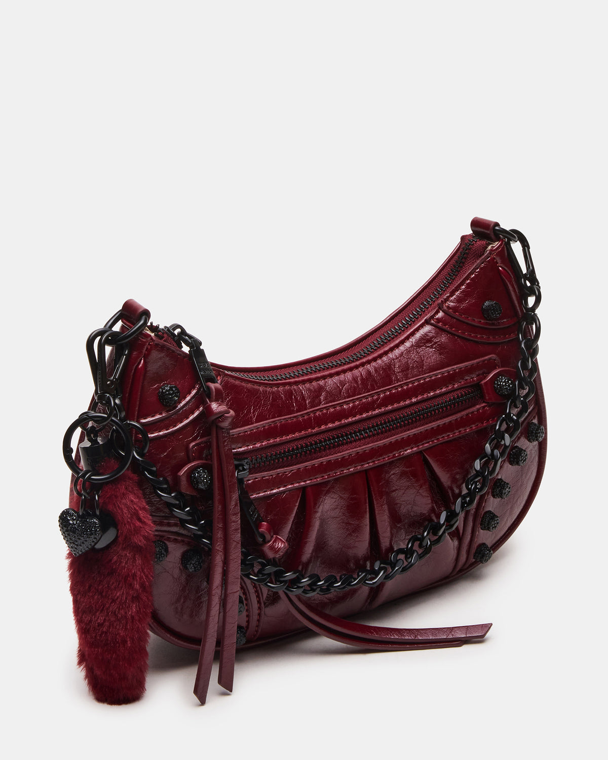 Steve Madden ERIKA Bag Wine Rhinestone Embellished Studded Crinkle Moto Crossbody Handbag