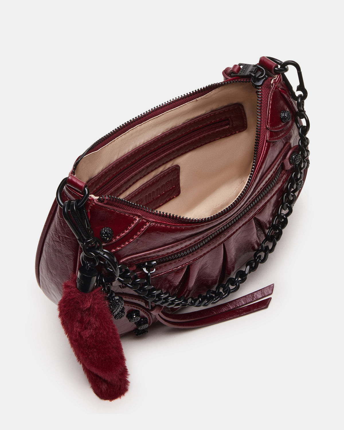 Steve Madden ERIKA Bag Wine Rhinestone Embellished Studded Crinkle Moto Crossbody Handbag