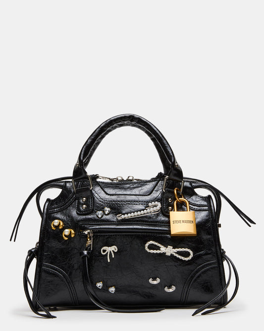 Steve Madden RIGGS Bag Embellished Black Distressed Slouchy Top-Handle Crossbody Satchel Handbag
