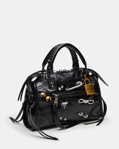 Steve Madden RIGGS Bag Embellished Black Distressed Slouchy Top-Handle Crossbody Satchel Handbag