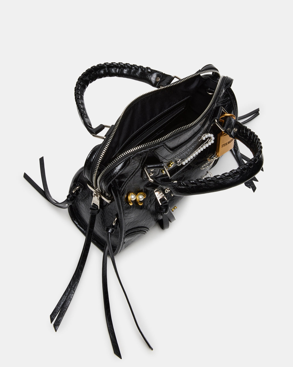 Steve Madden RIGGS Bag Embellished Black Distressed Slouchy Top-Handle Crossbody Satchel Handbag