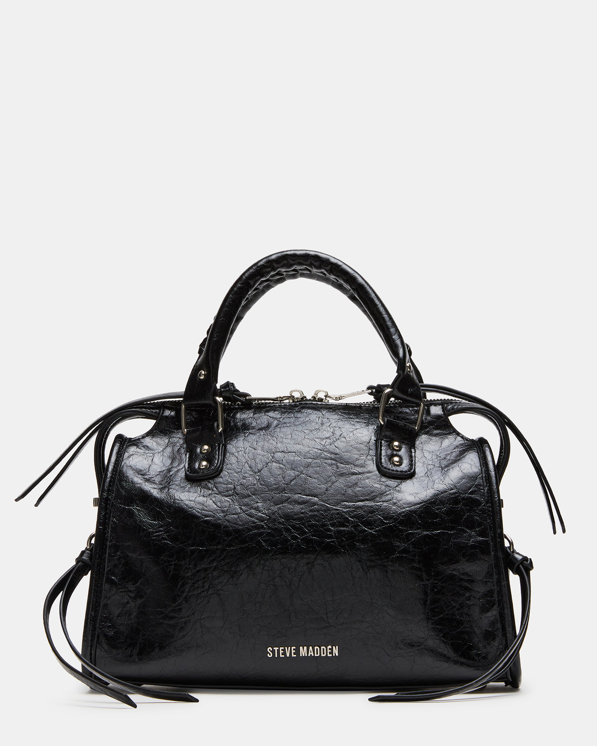 Steve Madden RIGGS Bag Embellished Black Distressed Slouchy Top-Handle Crossbody Satchel Handbag