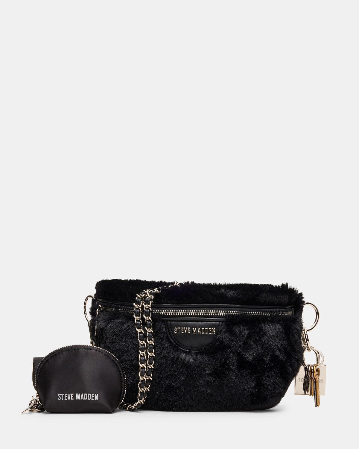 Steve Madden WYLDER Bag Black Faux Fur Crossbody Women's Belt Handbag