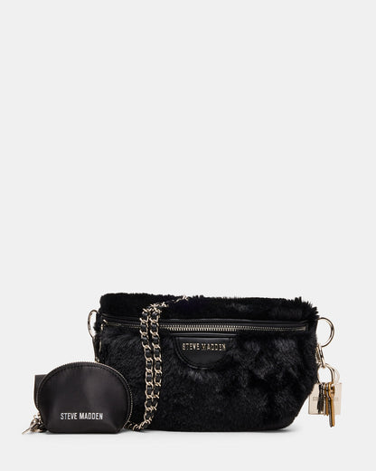 Steve Madden WYLDER Bag Black Faux Fur Crossbody Women's Belt Handbag