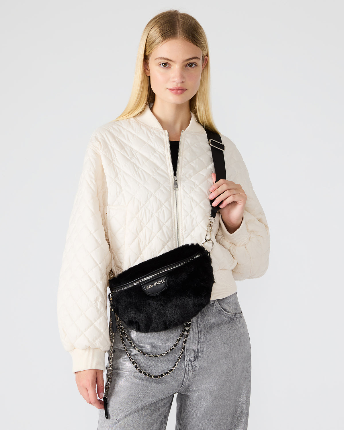Steve Madden WYLDER Bag Black Faux Fur Crossbody Women's Belt Handbag