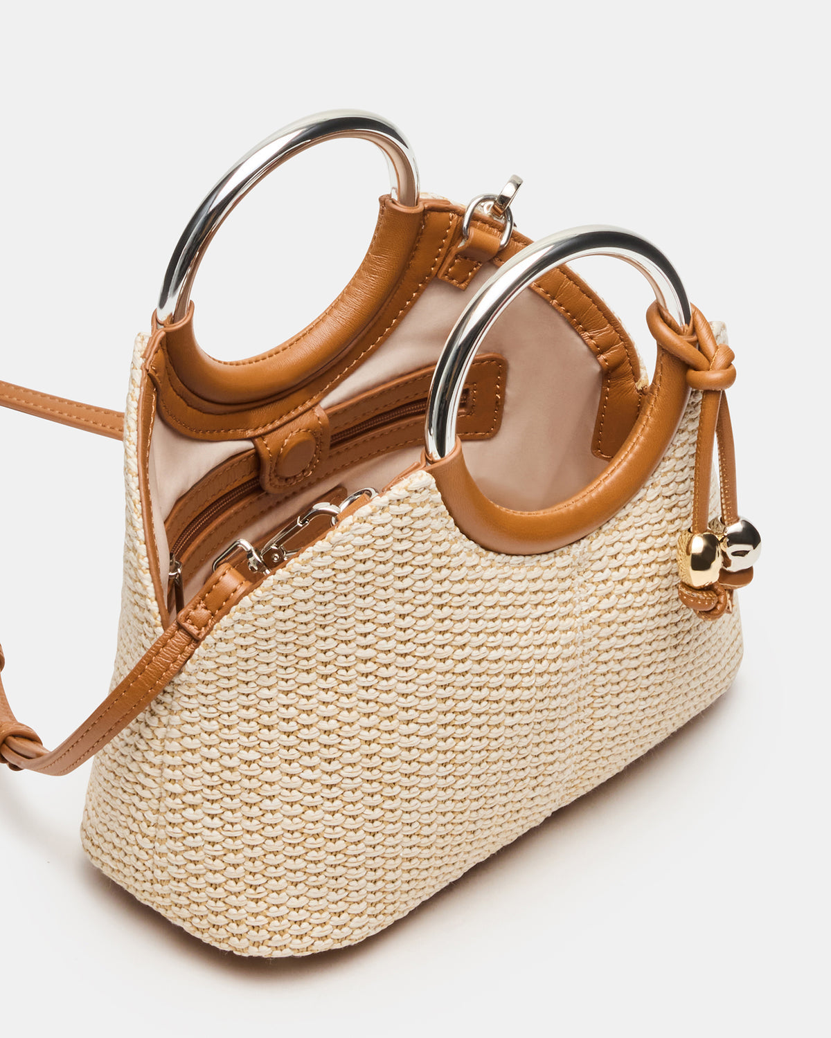 Steve Madden GEENA Straw Bag Light Natural Ring Top-Handle Crossbody Handbag