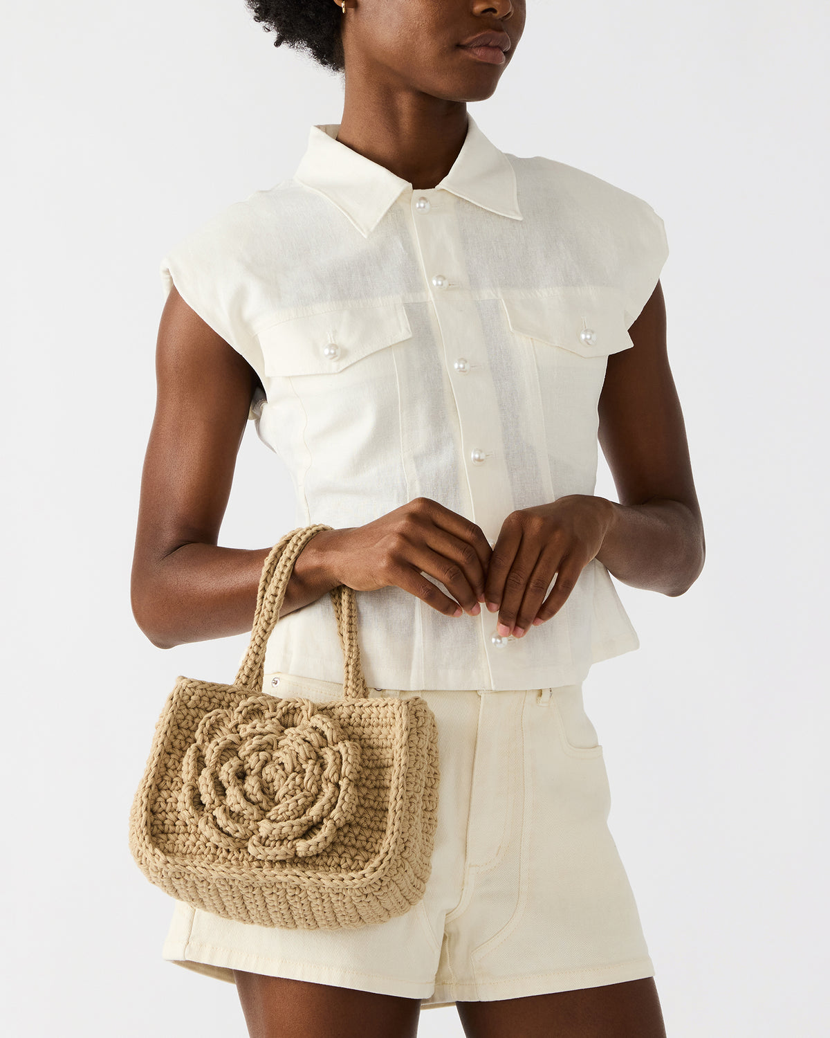 Steve Madden LUVLY Bag Natural Mini Top-Handle Flower Decal Crochet Crossbody Handbag