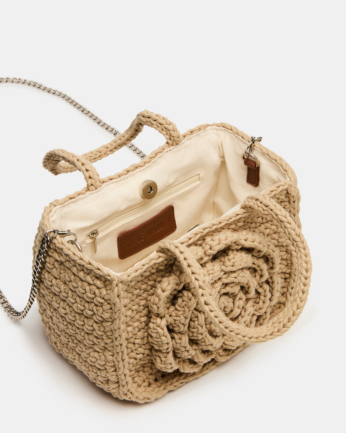 Steve Madden LUVLY Bag Natural Mini Top-Handle Flower Decal Crochet Crossbody Handbag