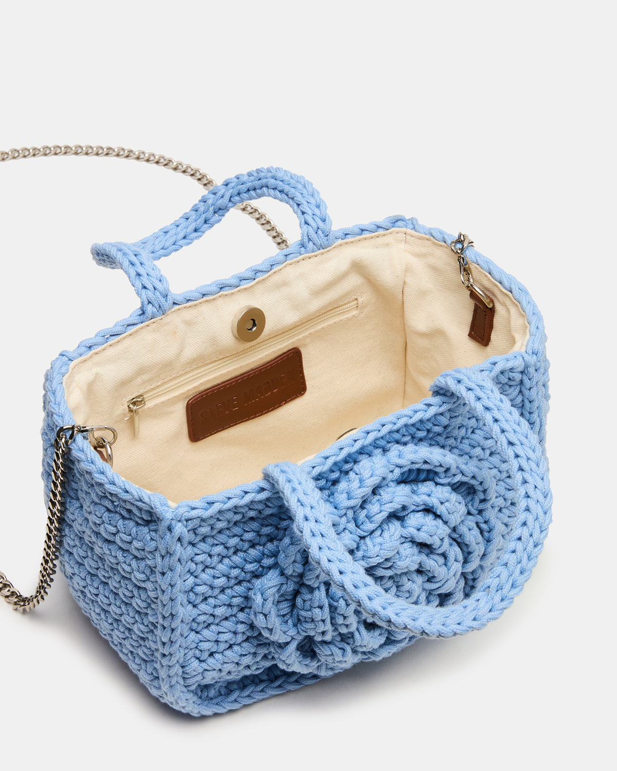 Steve Madden LUVLY Bag Light Blue Mini Top-Handle Flower Decal Crochet Crossbody Handbag