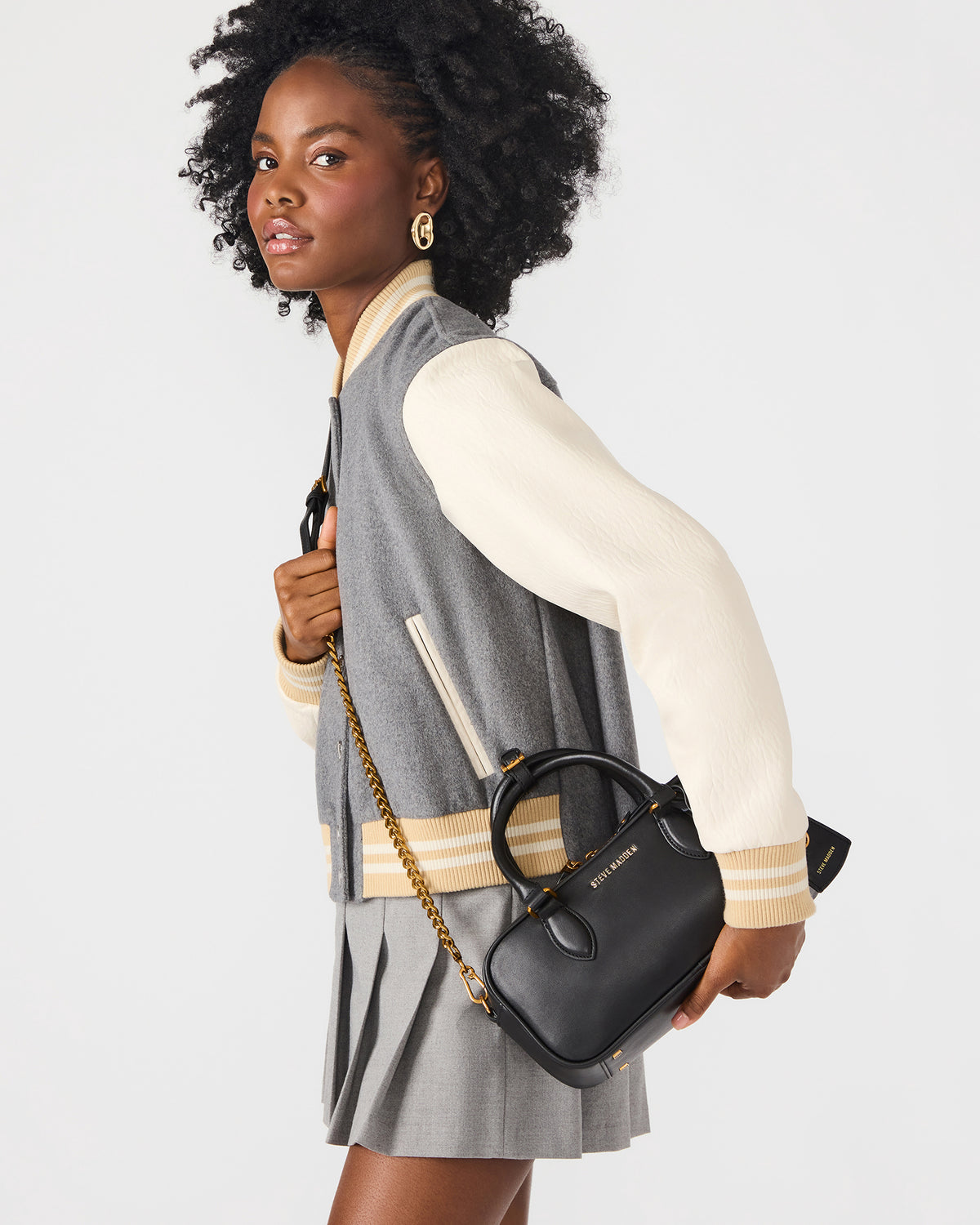 Steve Madden MERIT Bag Black Leather Top-Handle Satchel Crossbody Handbag
