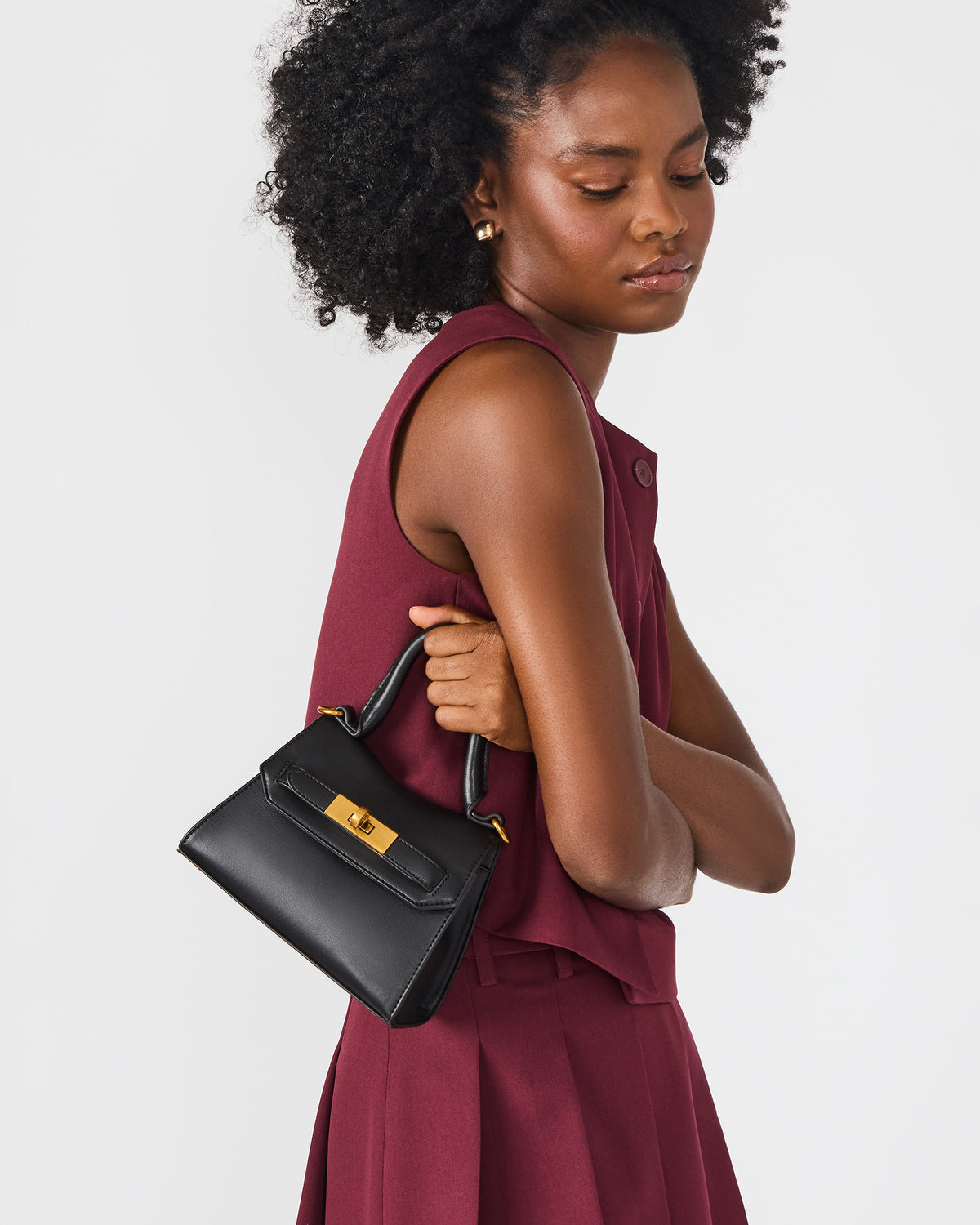 Steve Madden MADLYN Bag Black Structured Turn-Lock Closure Top-Handle Crossbody Mini Handbag