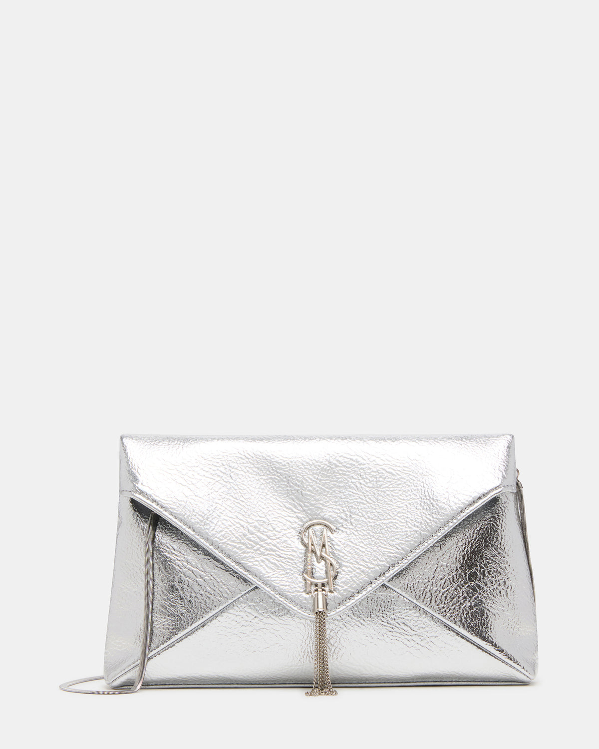 Steve Madden PARTAY Bag Silver Oversized Crinkle Envelope Logo Clutch Handbag