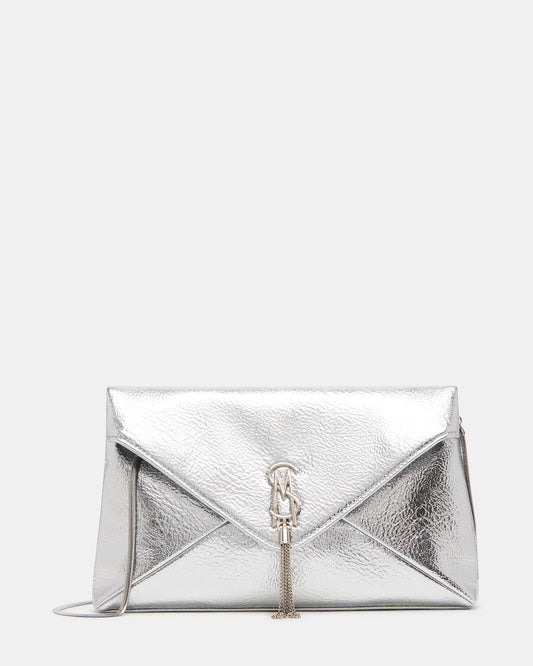 Steve Madden PARTAY Bag Silver Oversized Crinkle Envelope Logo Clutch Handbag