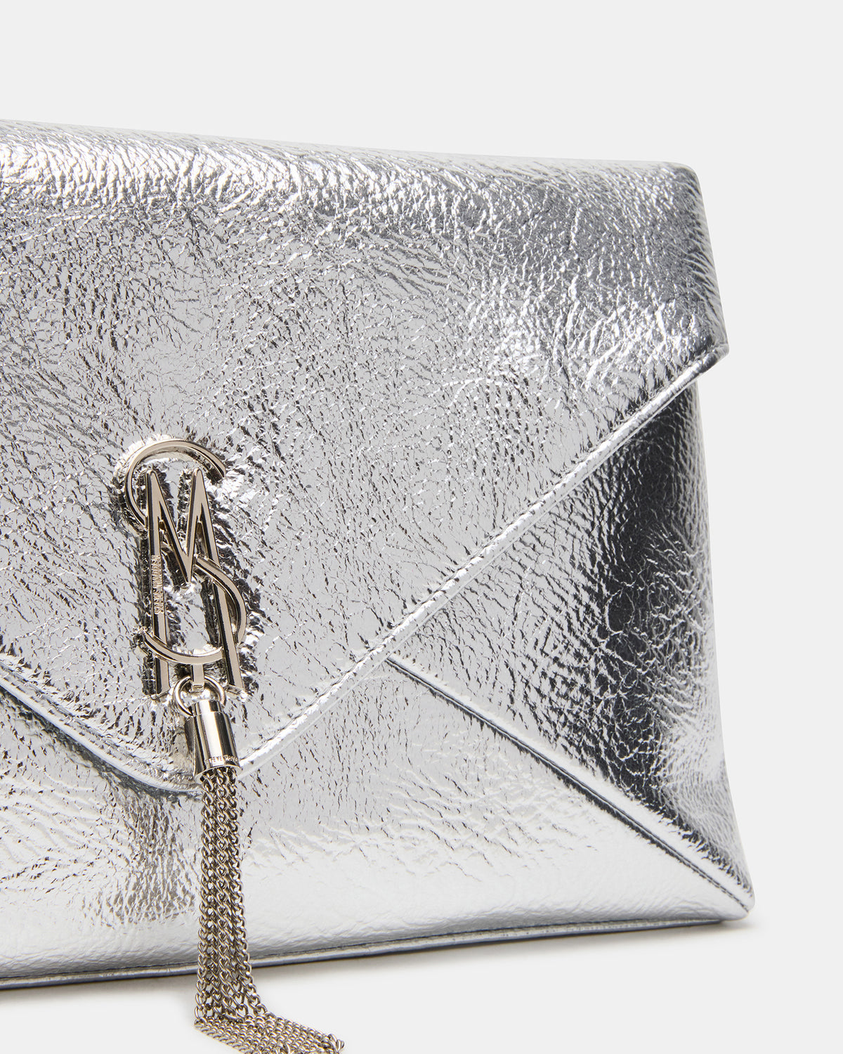 Steve Madden PARTAY Bag Silver Oversized Crinkle Envelope Logo Clutch Handbag