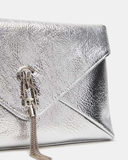 Steve Madden PARTAY Bag Silver Oversized Crinkle Envelope Logo Clutch Handbag